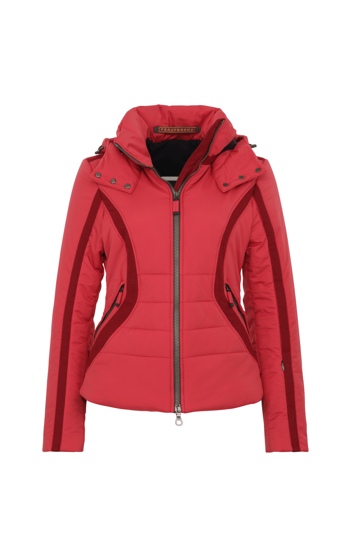 Damen Skijacke Modell 708726 Xenia Multi-LIN in Poppy – Vorderansicht, feminine Passform, abnehmbare Kapuze, Loden-Details, neue Winterkollektion von Frauenschuh