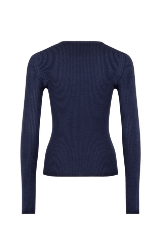 Eng anliegender Damen-Kaschmirpullover mit Rundhalsausschnitt in Dunkelblau (Farbe: Midnight), Modell 640601 AvrilDyed-RB – Vorderansicht Freisteller.