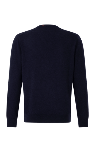 Rückansicht vom Kaschmirpullover „Nio2.0-WS“ von Frauenschuh in Midnight (Dunkelblau); der hochwertige Pullover aus weichem Kaschmir zeigt eine klare, schlichte Rückseite ohne Applikationen, mit feinen Rippbündchen am Saum und an den Ärmeln