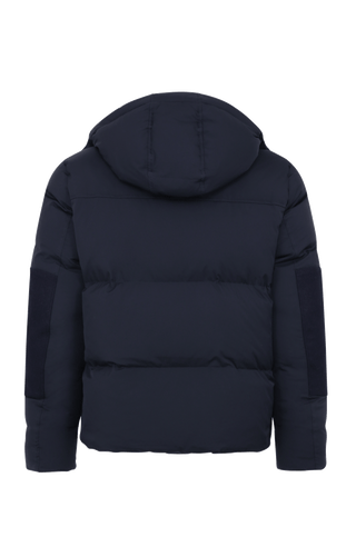 Frauenschuh Herren-Skijacke mit Daunenfüllung, Modell 724717 Teddy-LIN, Farbe Dunkelblau  – Rueckansicht der luxuriösen Winterjacke aus Light Italian Nylon mit Loden-Details.