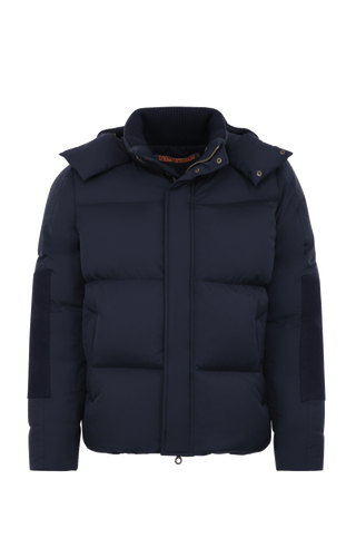 Frauenschuh Herren-Skijacke mit Daunenfüllung, Modell 724717 Teddy-LIN, Farbe Dunkelblau  – Vorderansicht der luxuriösen Winterjacke aus Light Italian Nylon mit Loden-Details.
