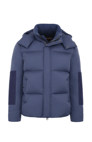 Frauenschuh Herren-Skijacke mit Daunenfüllung, Modell 724717 Teddy-LIN, Farbe Alaskablue – Vorderansicht der luxuriösen Winterjacke aus Light Italian Nylon mit Loden-Details.