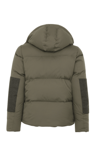 Frauenschuh Herren-Skijacke mit Daunenfüllung, Modell 724717 Teddy-LIN, Farbe Ivy – Rueckansicht der luxuriösen Winterjacke aus Light Italian Nylon mit Loden-Details.