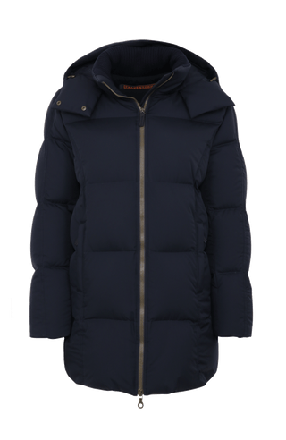 Frauenschuh Damen-Parka mit Daunenfüllung, Modell 723726 Chelsey-LIN in Midnight, Vorderansicht, abnehmbare Kapuze, gerade Passform, luxuriöses Materialfinish.