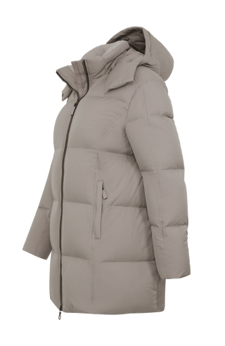 Frauenschuh Damen-Parka mit Daunenfüllung, Modell 723726 Chelsey-LIN in Cashmere, Seitenansicht, abnehmbare Kapuze, gerade Passform, luxuriöses Materialfinish.