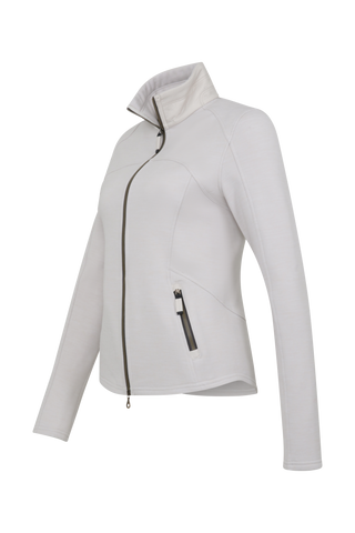 Sportjacke aus Wool Powerstretch in der Farbe Sandstone (Modell 562624_Jana-PSW),Seitenansicht – figurbetonte Passform, durchgehender Reißverschluss und hoher Kragen